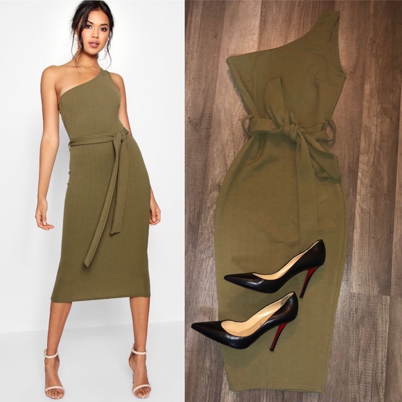 one shoulder belted midi dress